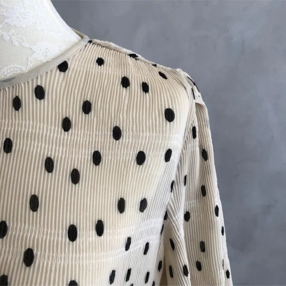 GANNI Lowell Tiered Polka Dot Plisse Beige & Black Midi Dress conservative pleat